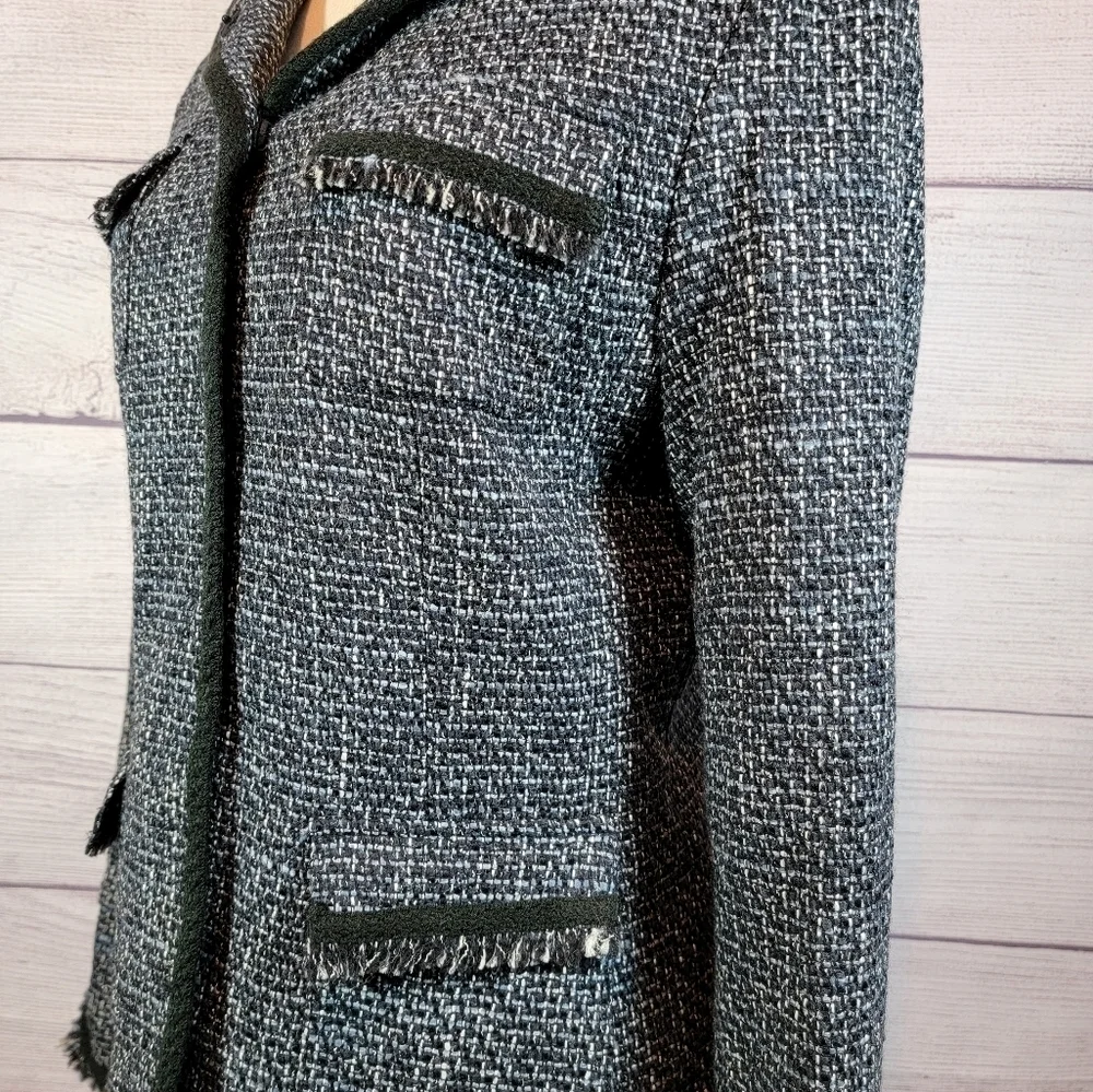 𝅺ELIE Tahari Tweed Fringe Wool Blend Jacket Black and White - Picture 6 of 9